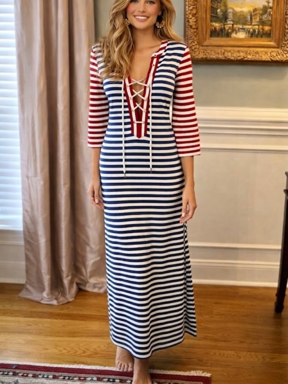 NWOT J.Crew Sammie Red White Blue Nautical Stripe Lace Front Midi Maxi Dress XS